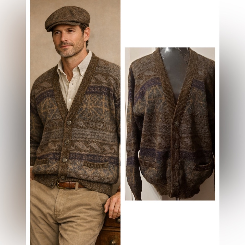 Vintage Brown Mohair Blend Cardigan M Textured Heritage Classic Mens